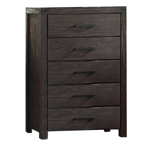 Wooden Chest with Metal Bar Handles and Five Drawers, Dark Brown