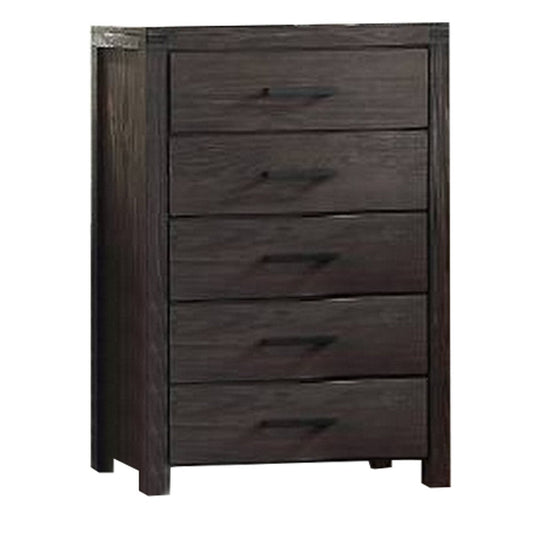 Wooden Chest with Metal Bar Handles and Five Drawers, Dark Brown