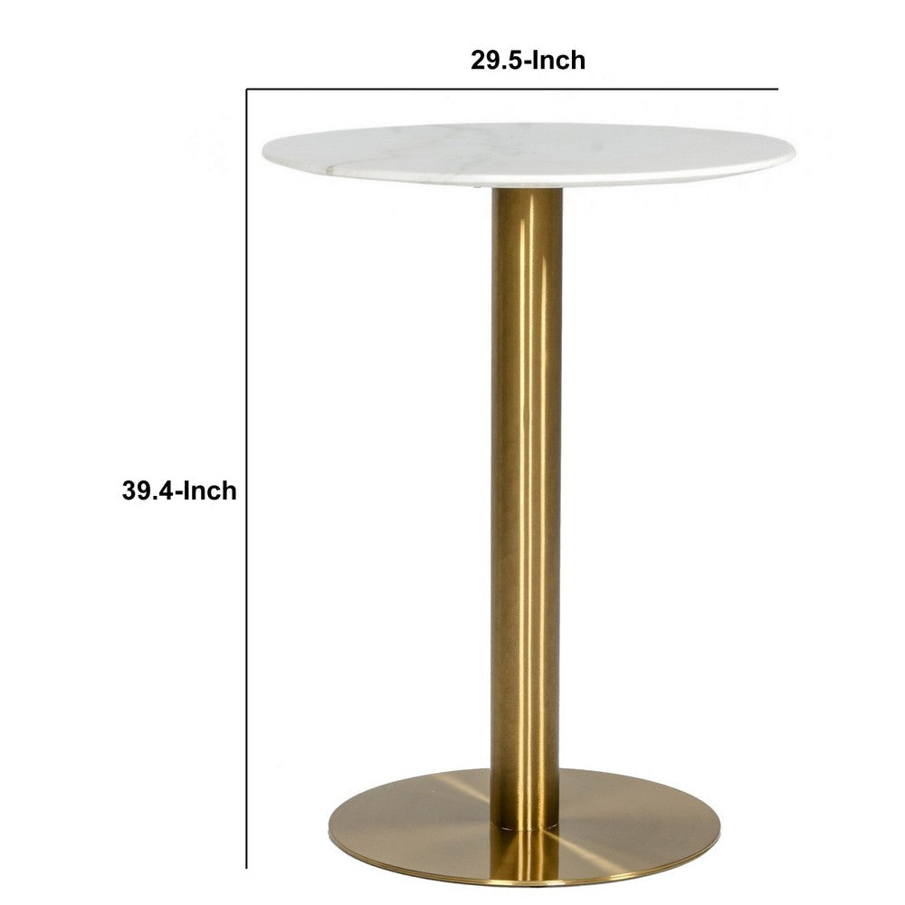 20 Inch Marble Top Bar Table with Pedestal Base White and Gold By Casagear Home BM232753