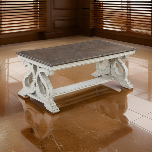 Dual Tone Coffee Table | Scroll Base | Distressed White & Brown