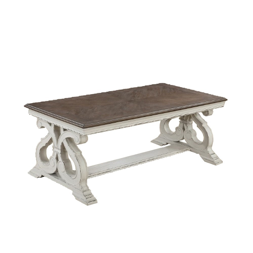 Dual Tone Coffee Table | Scroll Base | Distressed White & Brown BM232872