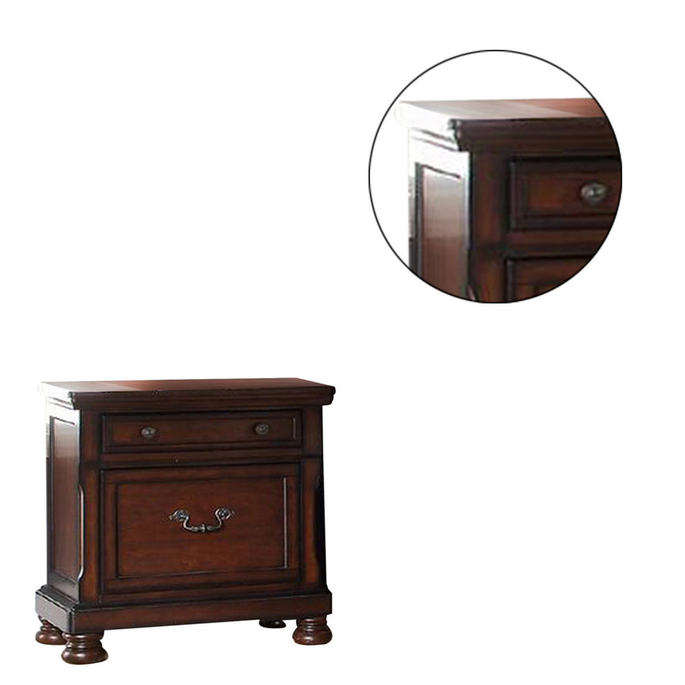 Two Drawers Wooden Nightstand with Bun Feet, Brown By Casagear Home