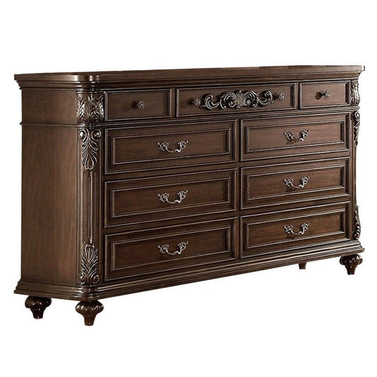 Dresser | Nine Drawers | Molded Details | Wood | Brown