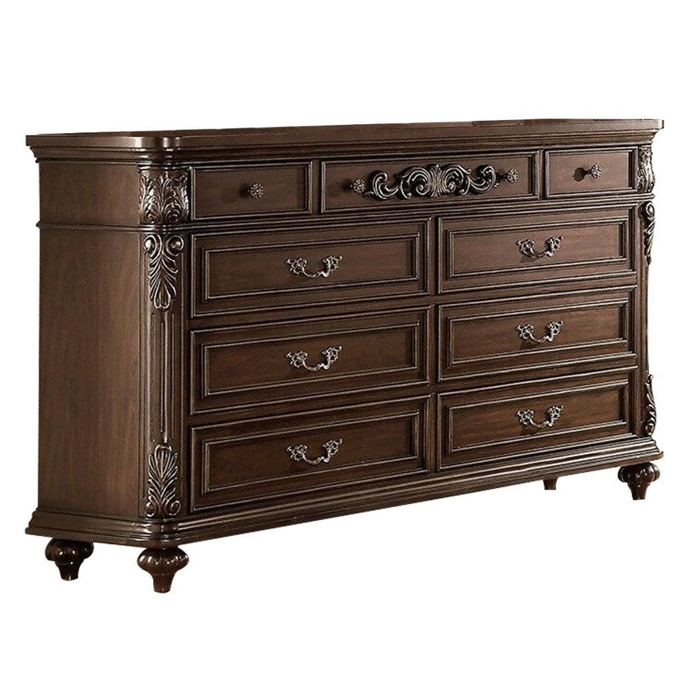 Dresser | Nine Drawers | Molded Details | Wood | Brown