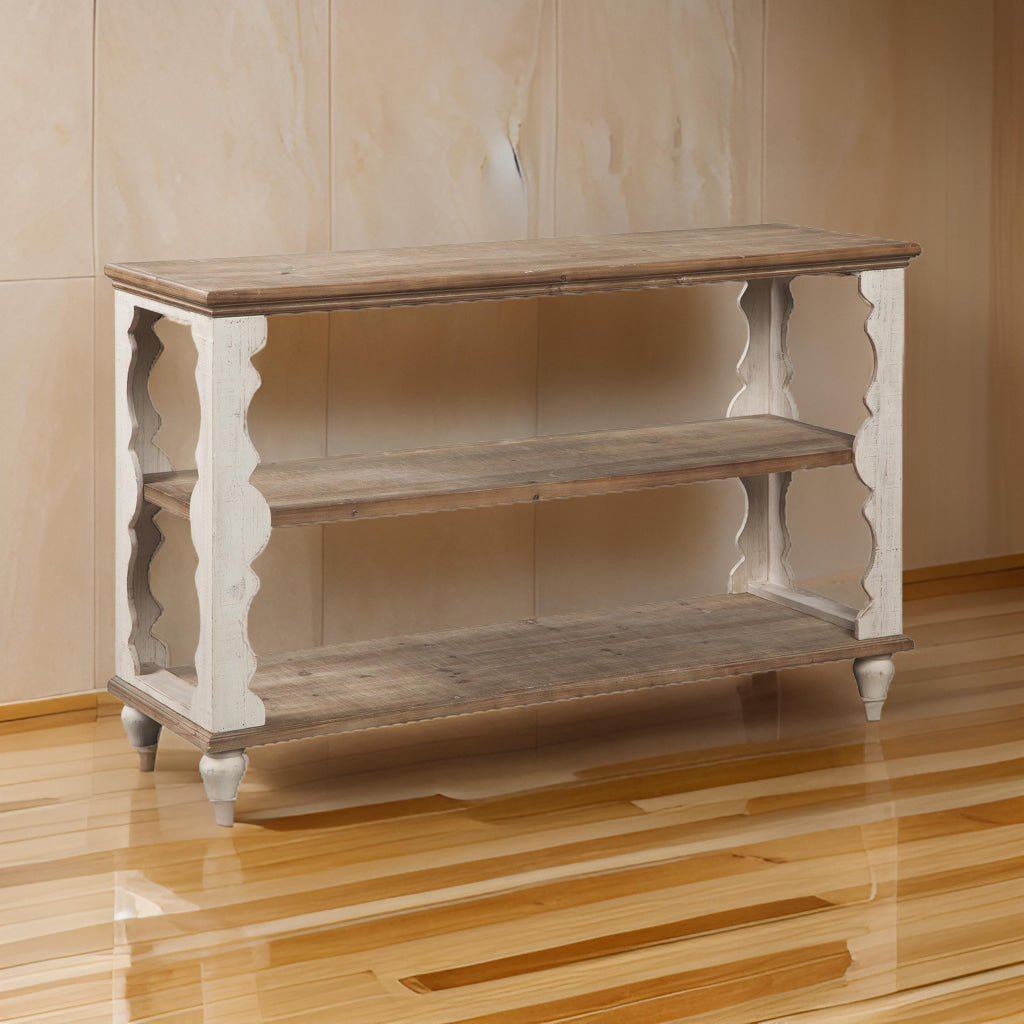 Traditional Style Console Sofa Table with Scalloped Design White and Brown By Casagear Home BM232961