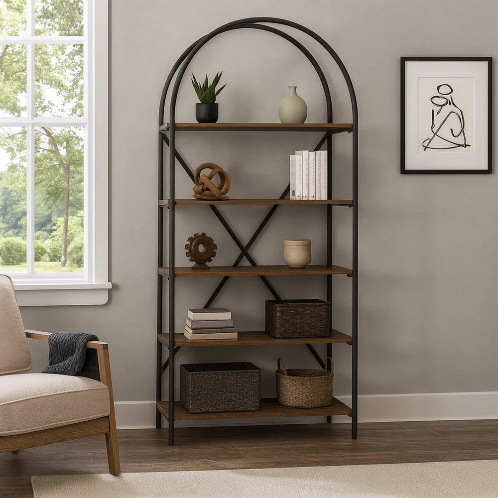 Bookcase | Tubular Frame | 5 Open Shelves | Brown & Black