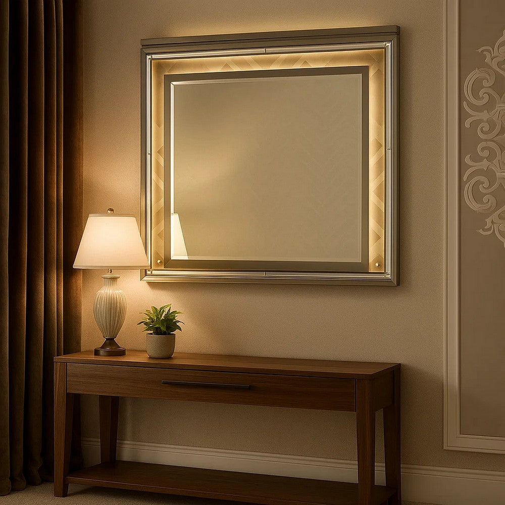 Contemporary Wall Mirror with LED and Accent Details, Gold and Brown