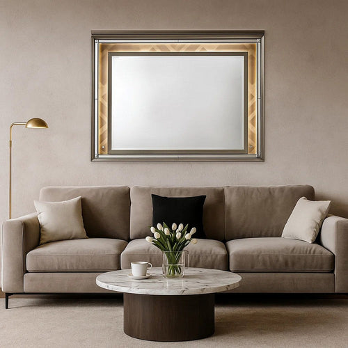 Contemporary Wall Mirror with LED and Accent Details, Gold and Brown