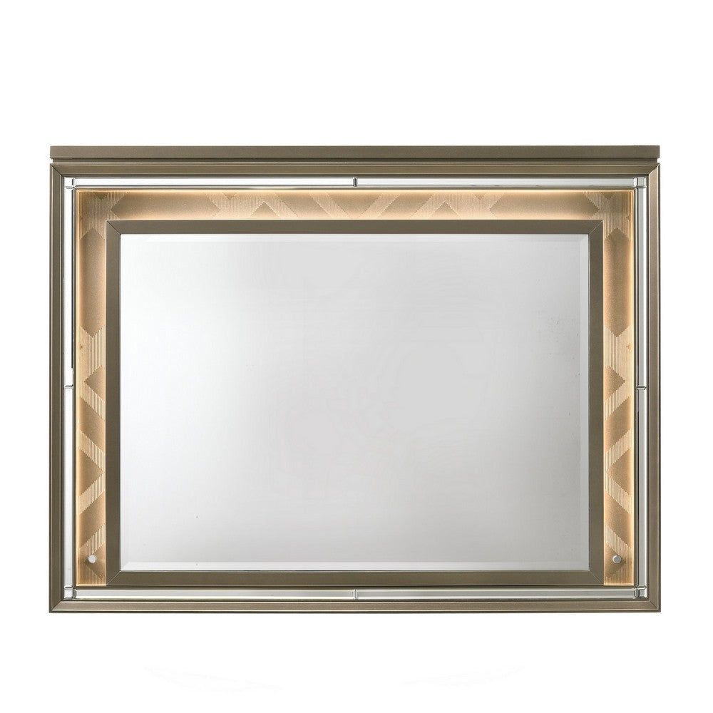 Contemporary Wall Mirror with LED and Accent Details, Gold and Brown