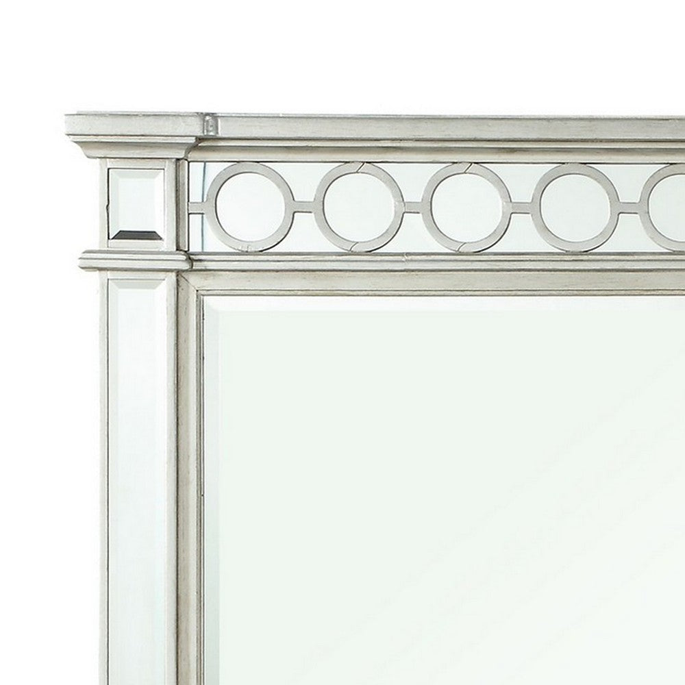 Wooden Raised Geometric Pattern Frame Mirror with Beveled Edges Silver BM232985