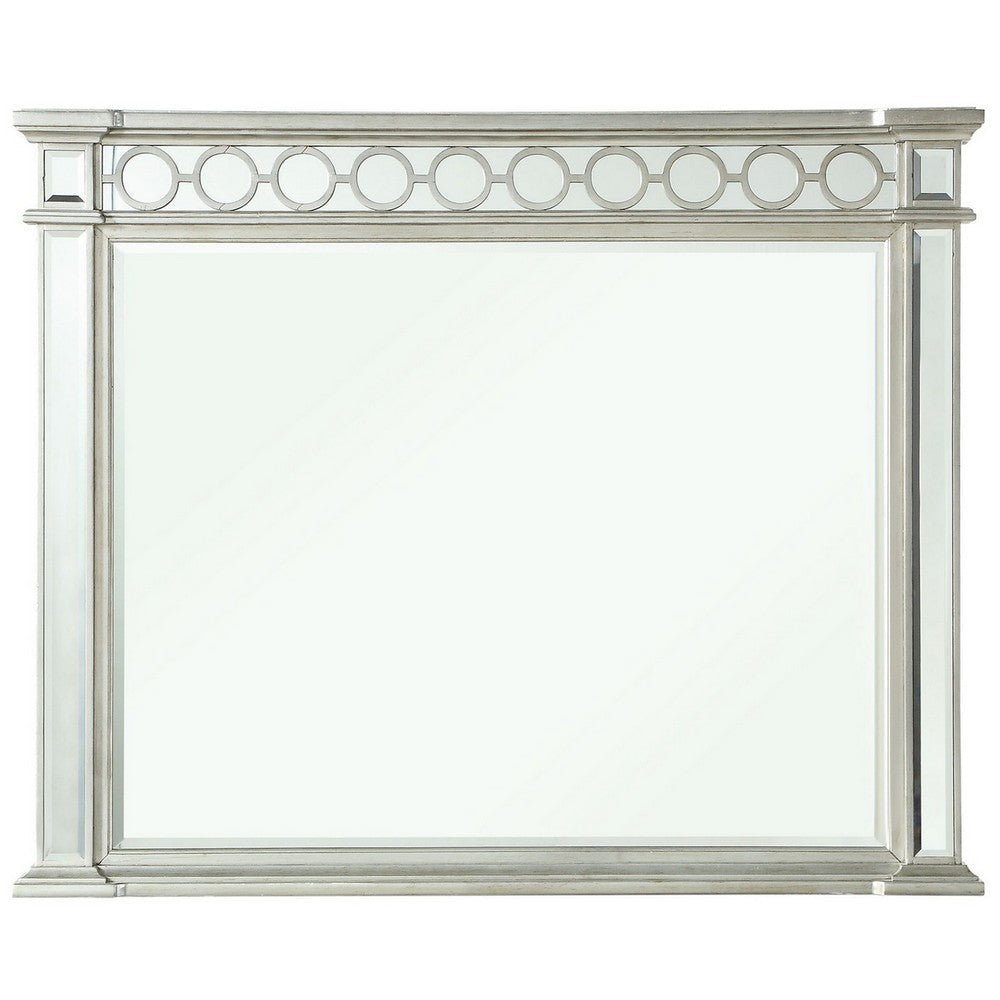 Wooden Raised Geometric Pattern Frame Mirror with Beveled Edges, Silver