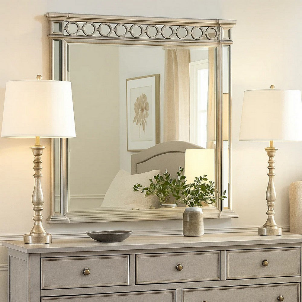 Wooden Raised Geometric Pattern Frame Mirror with Beveled Edges, Silver