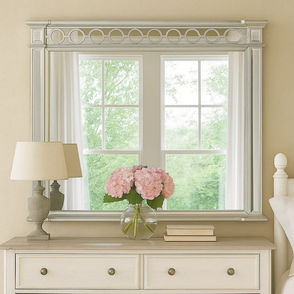 Wooden Raised Geometric Pattern Frame Mirror with Beveled Edges, Silver