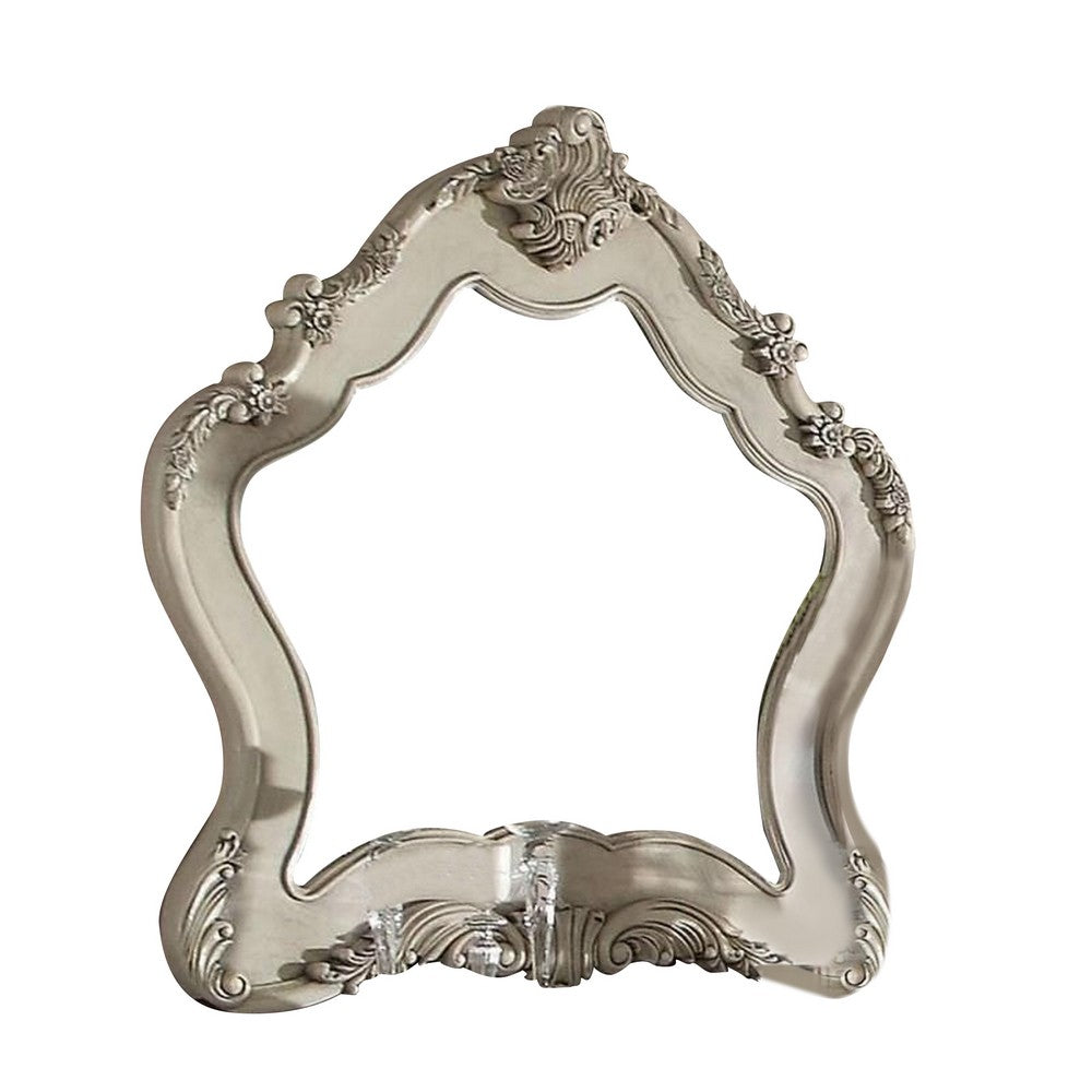 Wooden Arched Wall Mirror with Floral Design, White