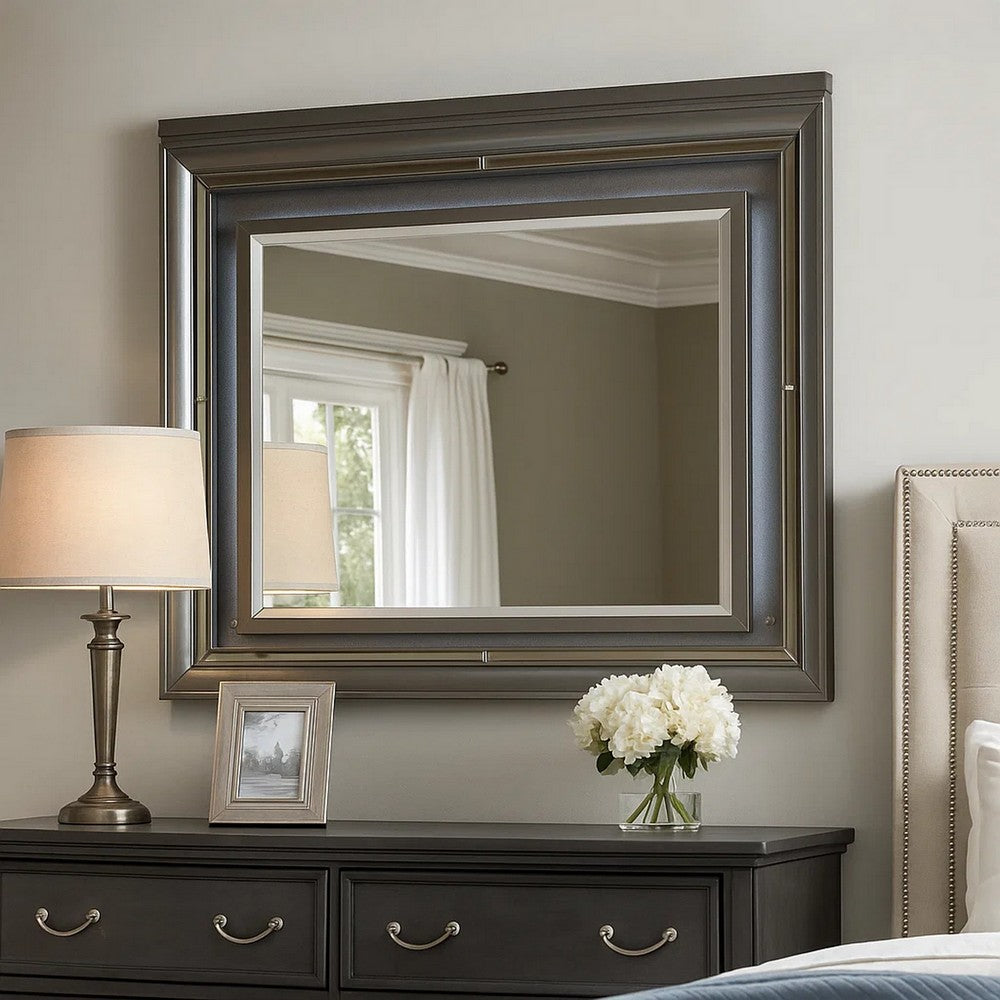 Wall Mirror with Mirror Accent and Beveled Edges, Gray
