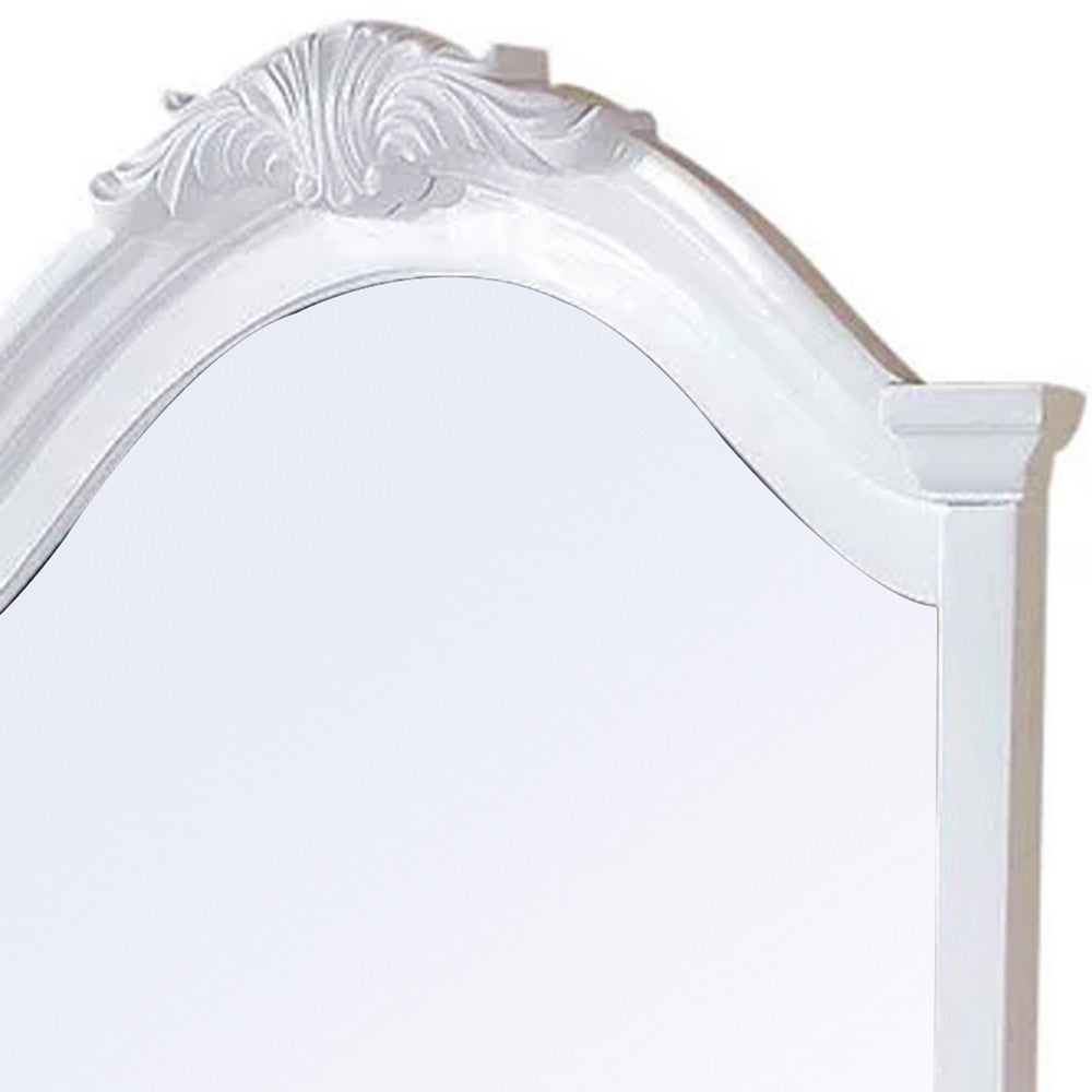 Transitional Style Wooden Wall Mirror with Crown Top, White