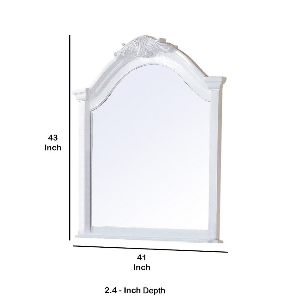Transitional Style Wooden Wall Mirror with Crown Top, White