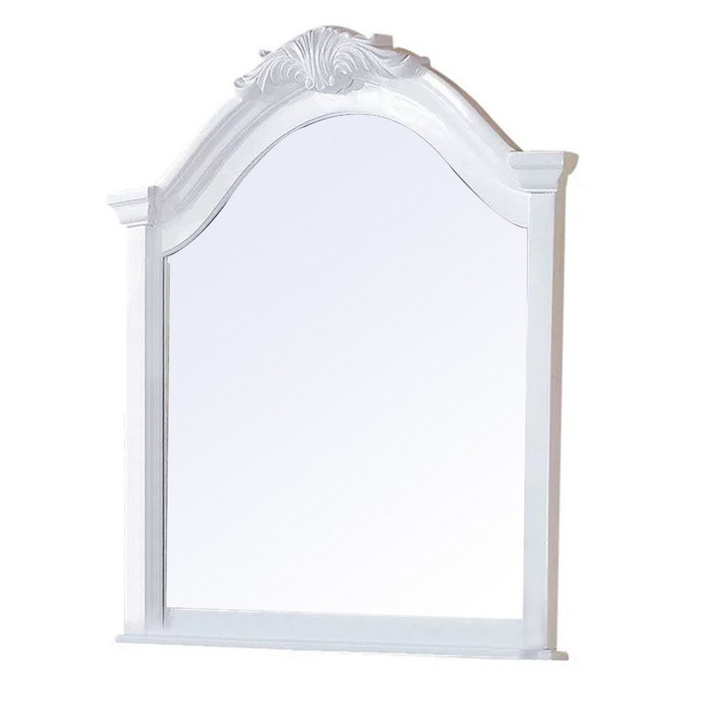 Transitional Style Wooden Wall Mirror with Crown Top, White