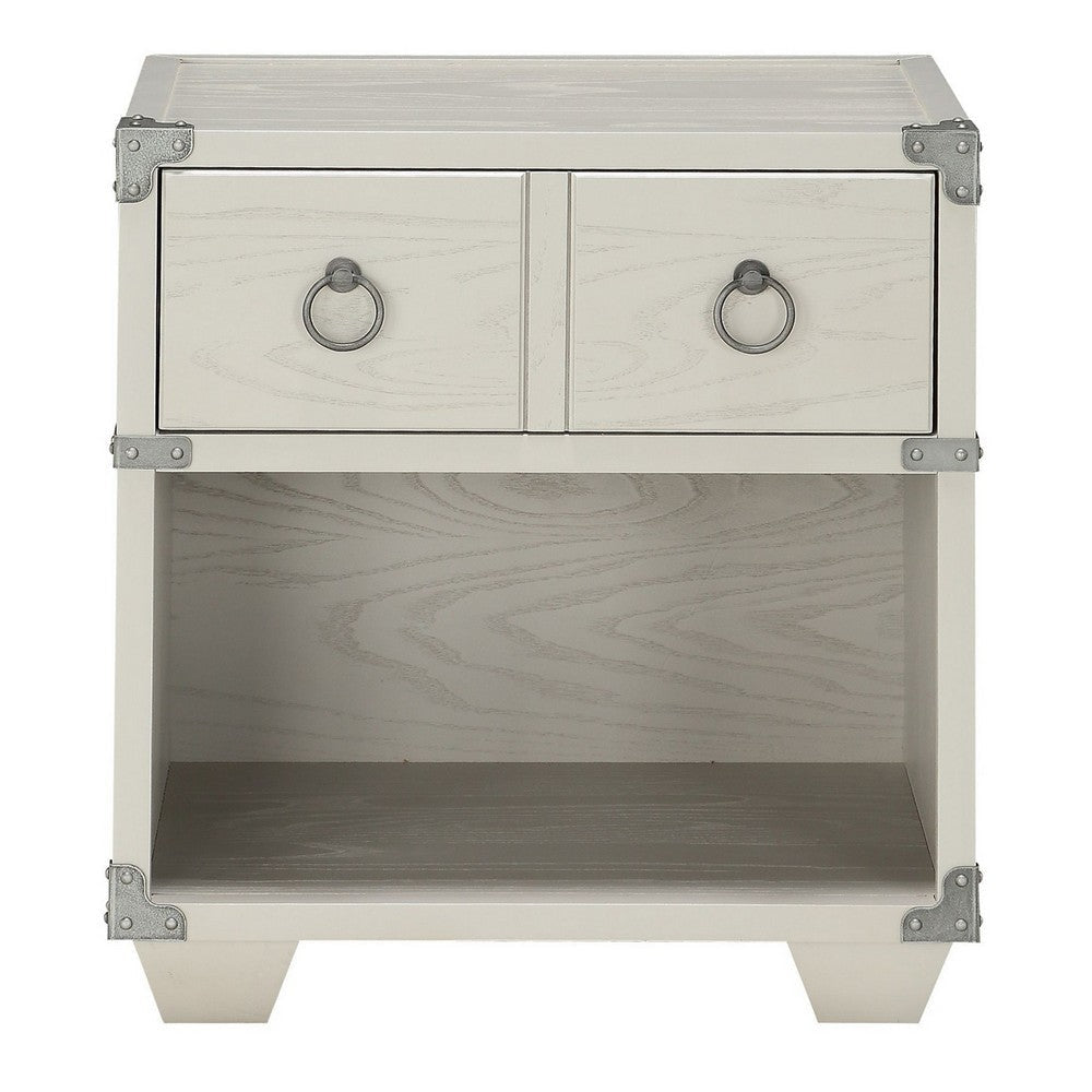 Two Drawer Wooden Nightstand with Metal Ring Pulls Gray BM233001