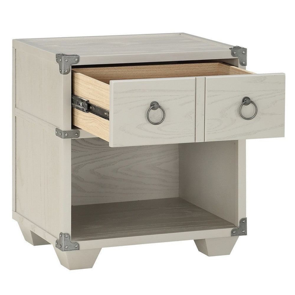 Two Drawer Wooden Nightstand with Metal Ring Pulls Gray BM233001