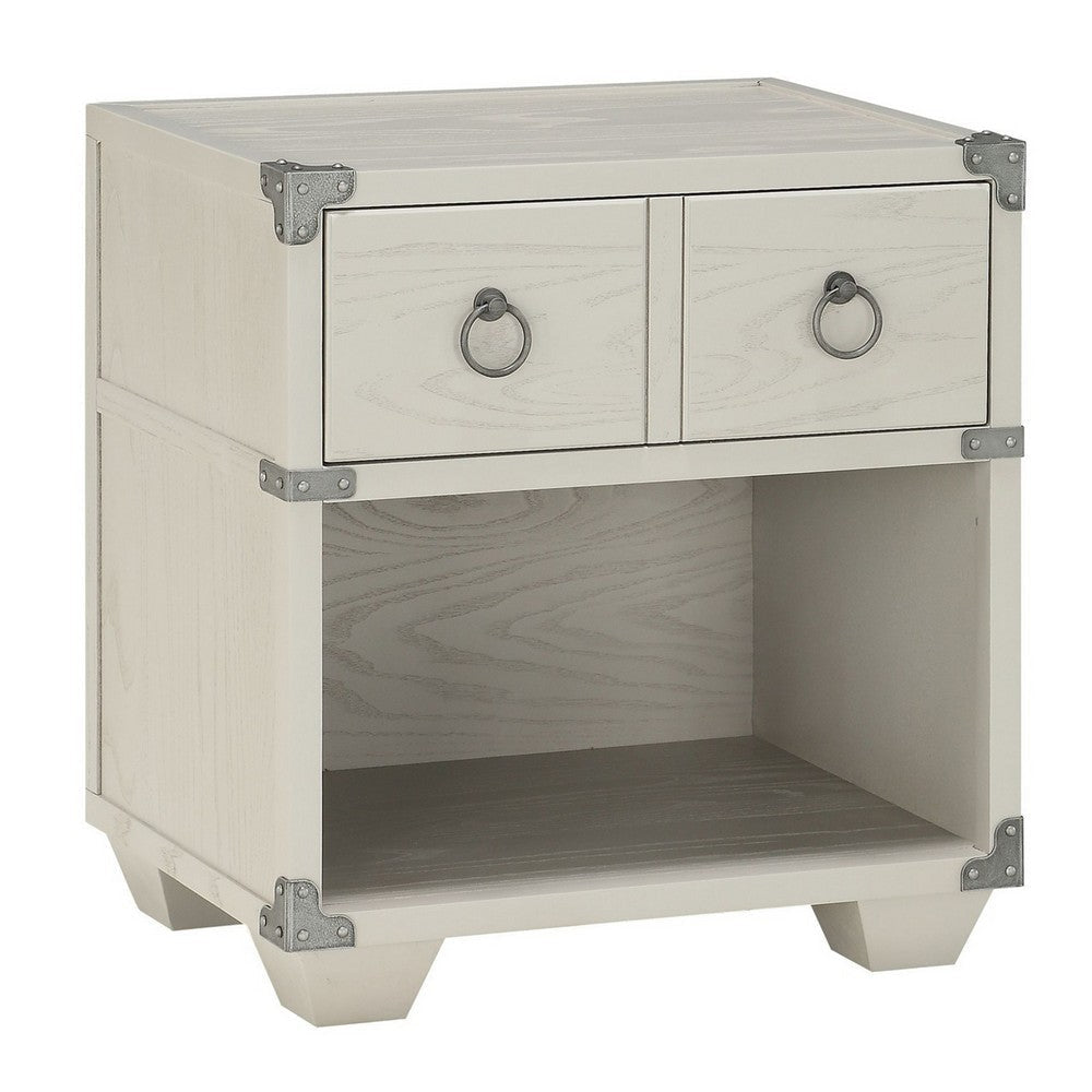 Two Drawer Wooden Nightstand with Metal Ring Pulls, Gray