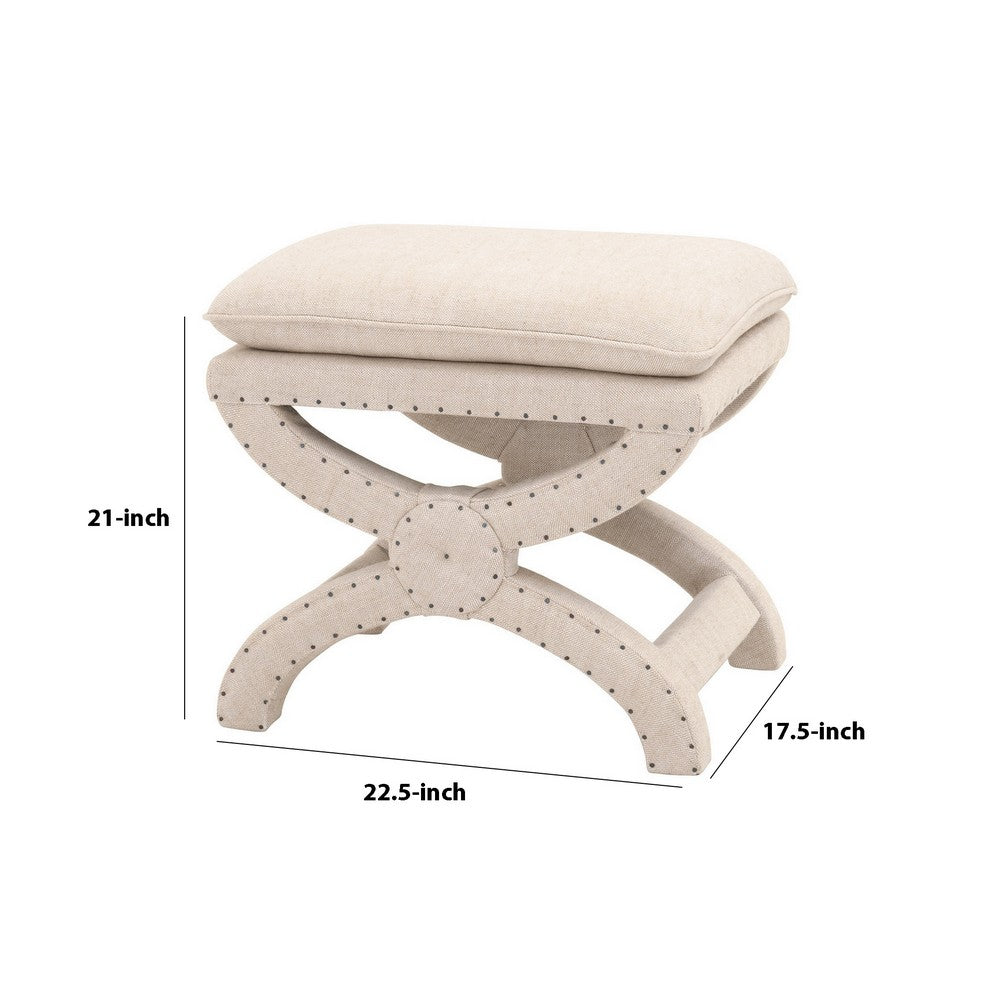 21 Inches Pillow Top Ottoman with Criss Cross Base, Beige By Casagear Home