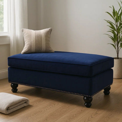 46 Inches Nailhead Trim Velvet Upholstered Ottoman, Blue