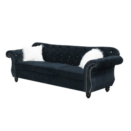 93 Inches Nailhead Trim Velvet Sofa with Crystal Tufting, Black