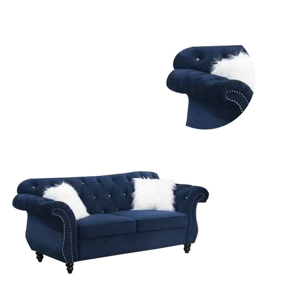 77 Inches Nailhead Trim Velvet Loveseat with Crystal Tufting Blue By Casagear Home BM233089