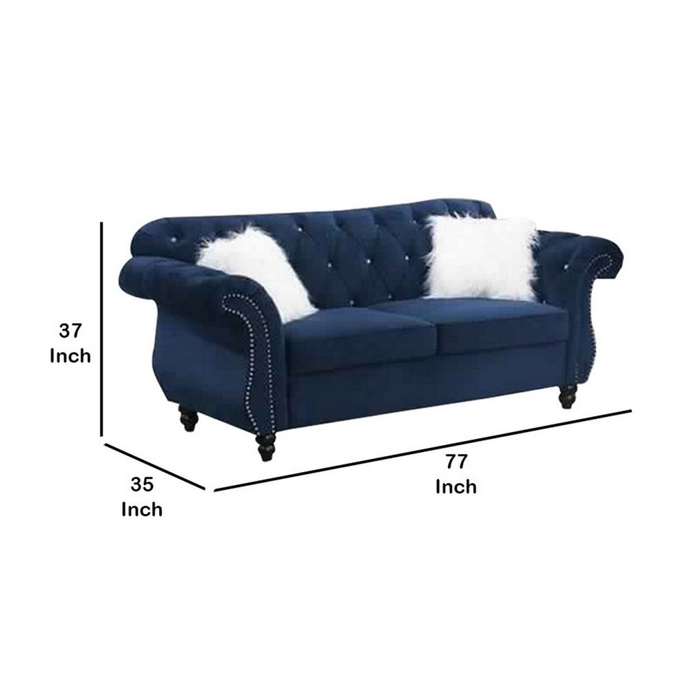Loveseat | Nailhead Trim Velvet | 77" | Crystal Tufting | Blue