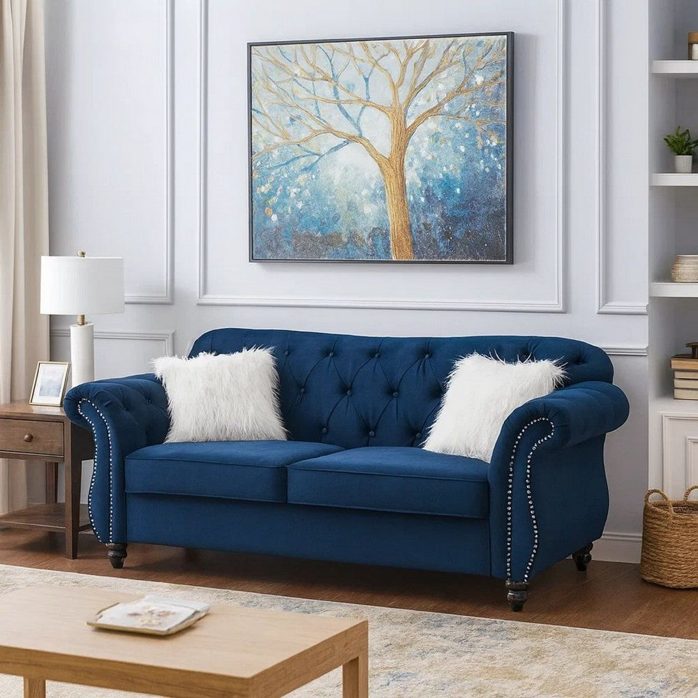 Loveseat | Nailhead Trim Velvet | 77" | Crystal Tufting | Blue