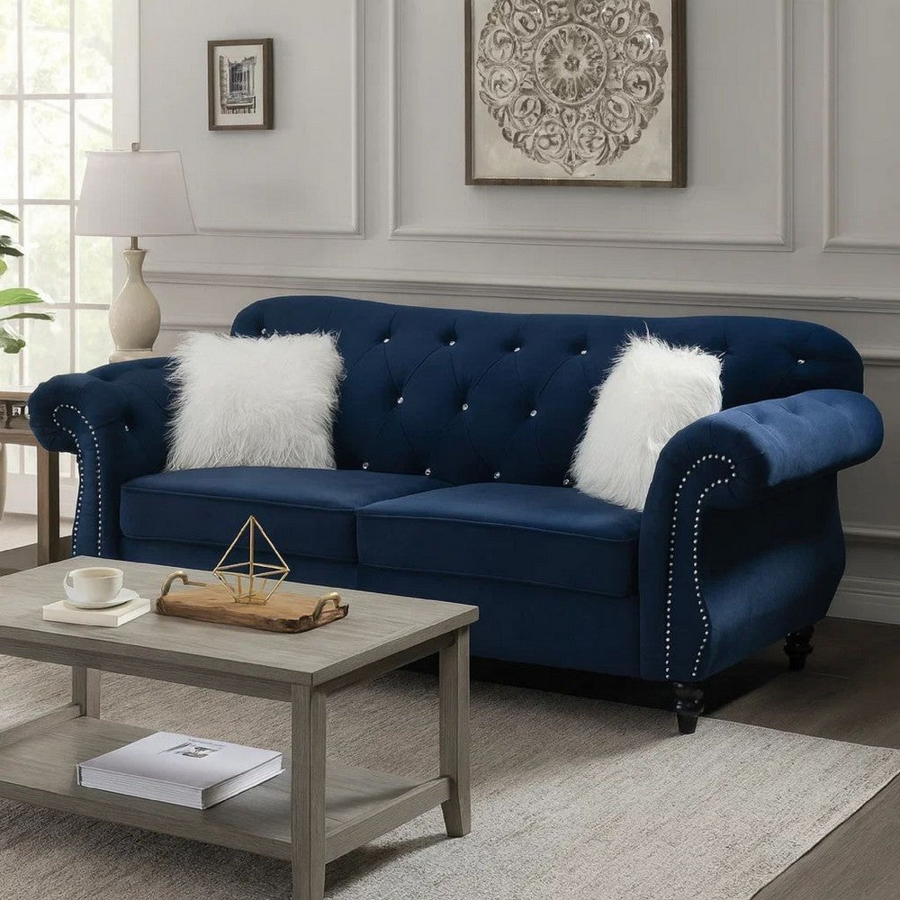 Loveseat | Nailhead Trim Velvet | 77" | Crystal Tufting | Blue