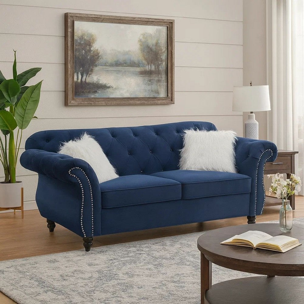 Loveseat | Nailhead Trim Velvet | 77" | Crystal Tufting | Blue