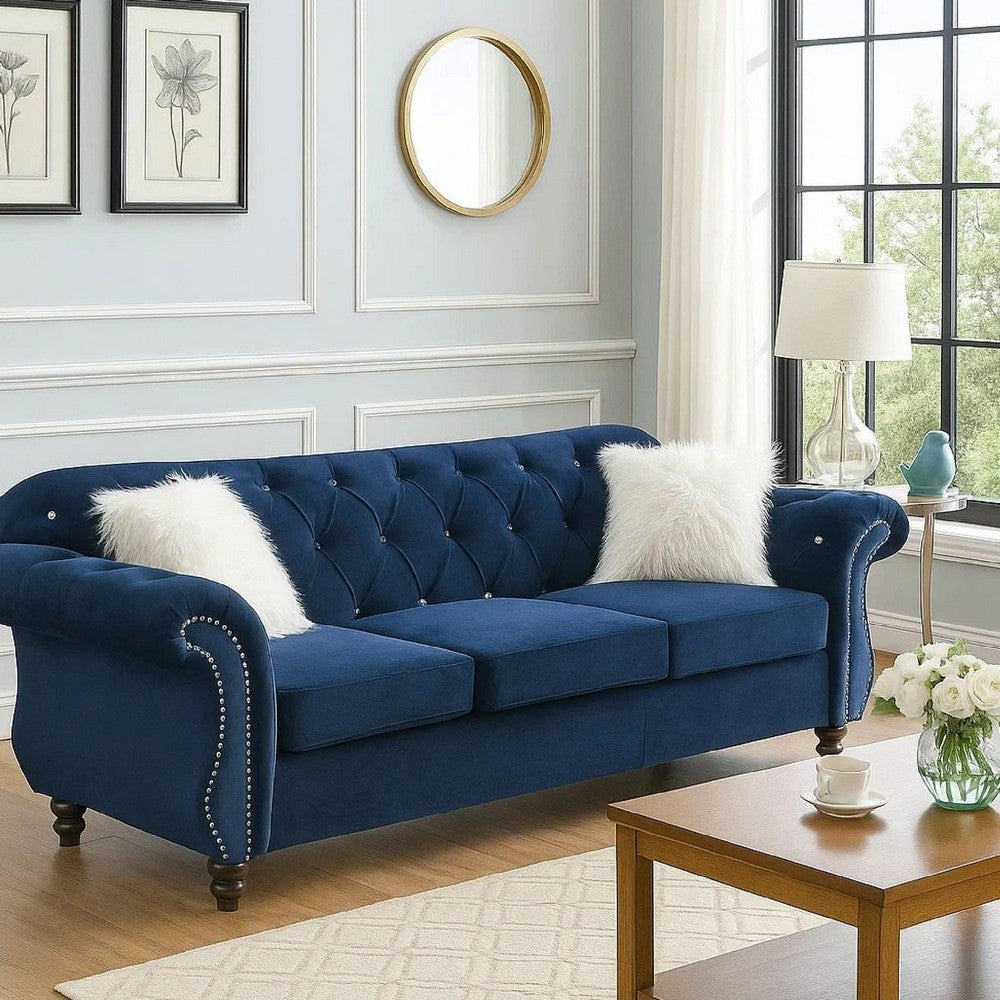 93 Inches Nailhead Trim Velvet Sofa with Crystal Tufting, Blue