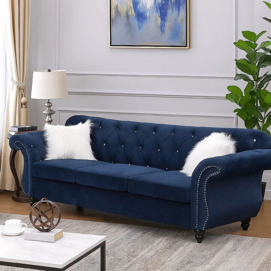 93 Inches Nailhead Trim Velvet Sofa with Crystal Tufting, Blue