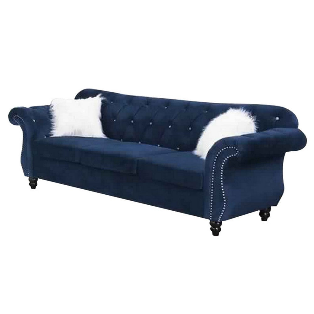 93 Inches Nailhead Trim Velvet Sofa with Crystal Tufting, Blue