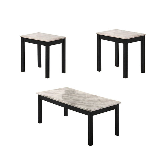 3 Piece Coffee & End Table Set | Faux Marble Top | Black & White