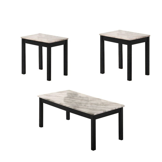 3 Piece Coffee Table and End Table with Faux Marble Top, Black and White By Casagear Home