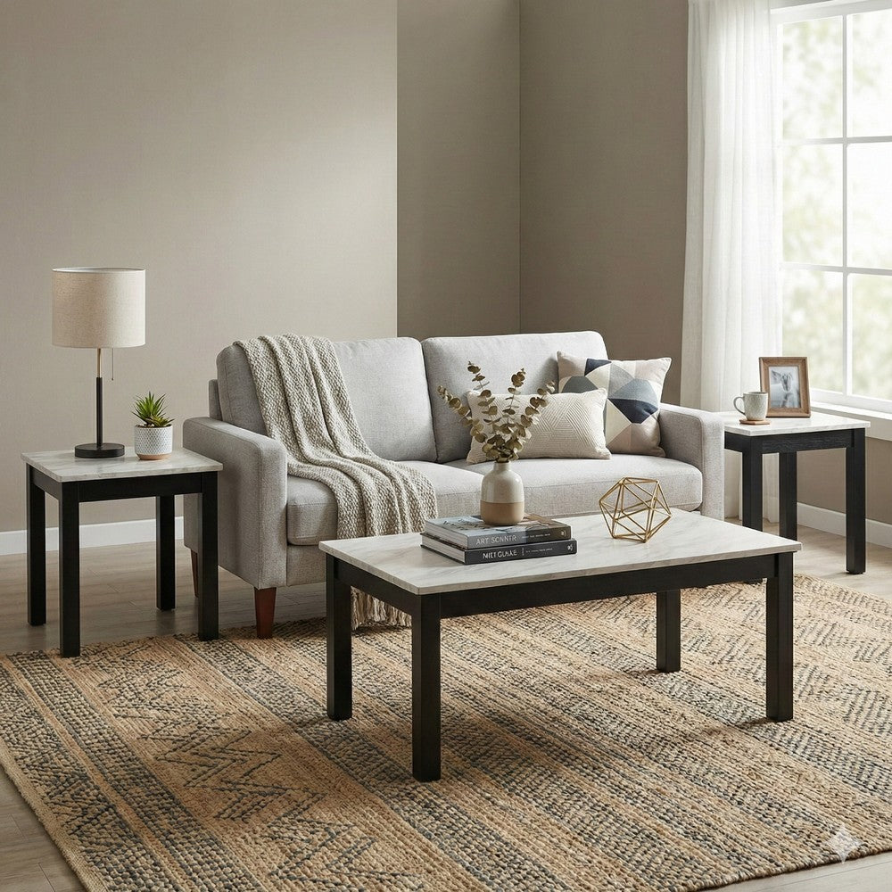 3 Piece Coffee & End Table Set | Faux Marble Top | Black & White