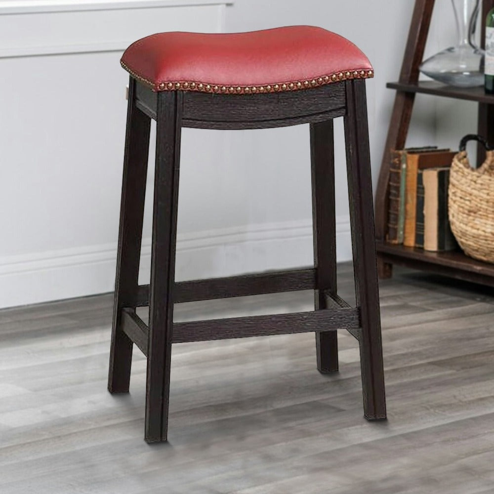 224 Inch Wooden Counter Stool with Upholstered Cushion Seat, Set of 2, Gray and Red By Casagear Home