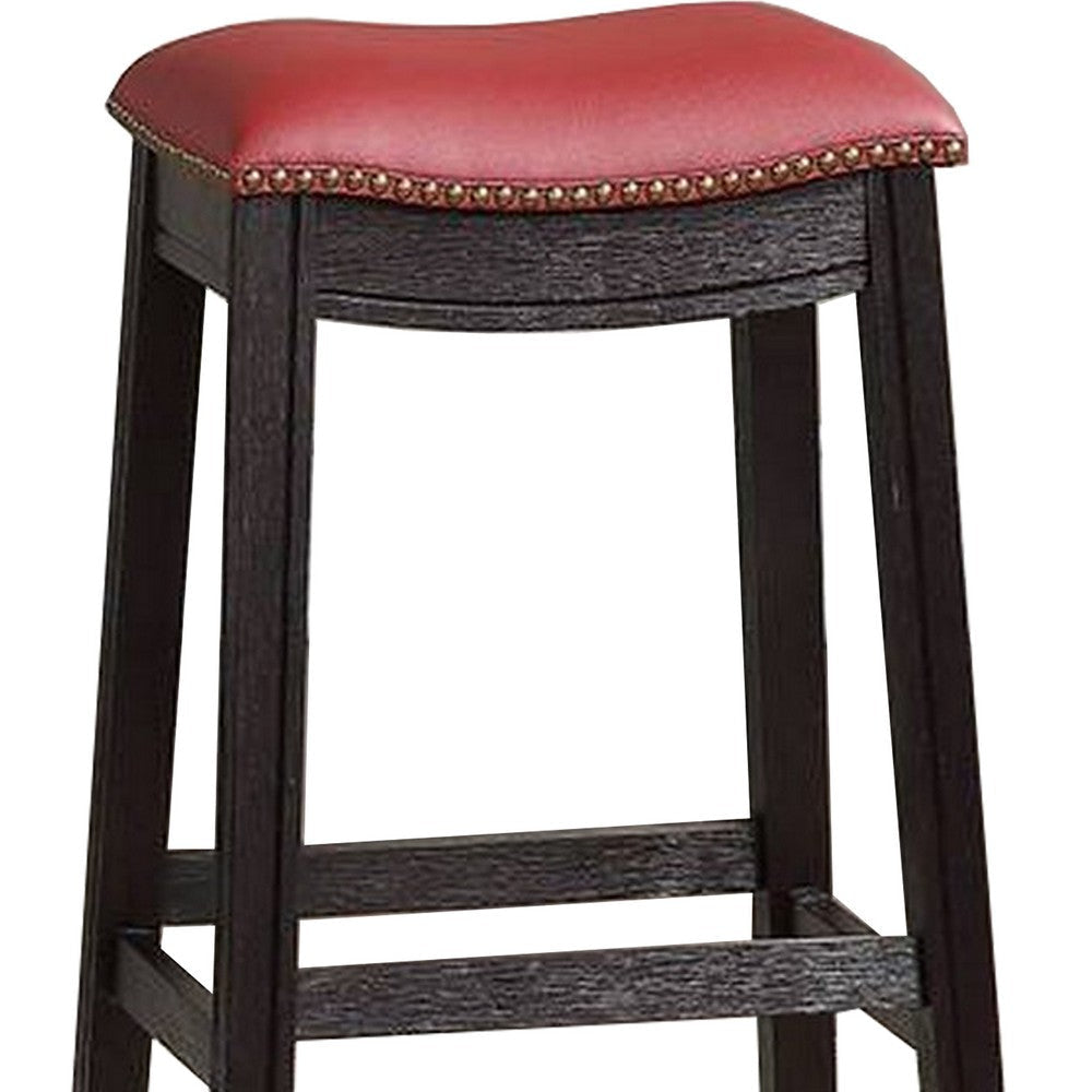 29 Inch Wooden Bar Stool with Upholstered Cushion Seat Set of 2 Gray and Red By Casagear Home BM233108