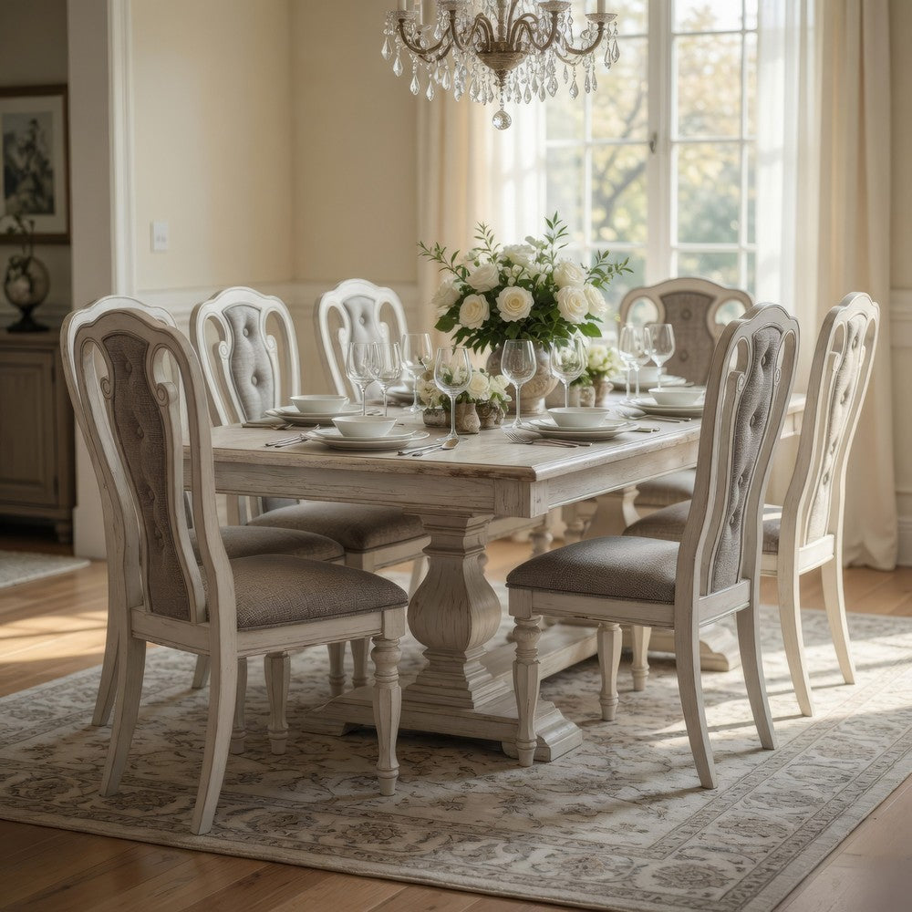 Dining Chair | Button Tufted Backrest | Padded Seat | Set of 2 | White & Gray