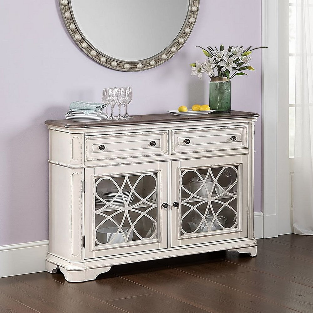 Wooden Transitional 2 Drawer and 4 shelves Server, Brown and White