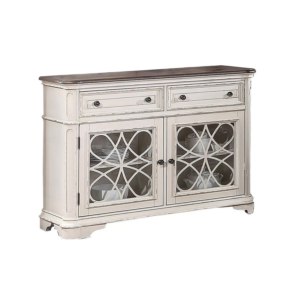 Wooden Transitional 2 Drawer and 4 shelves Server, Brown and White