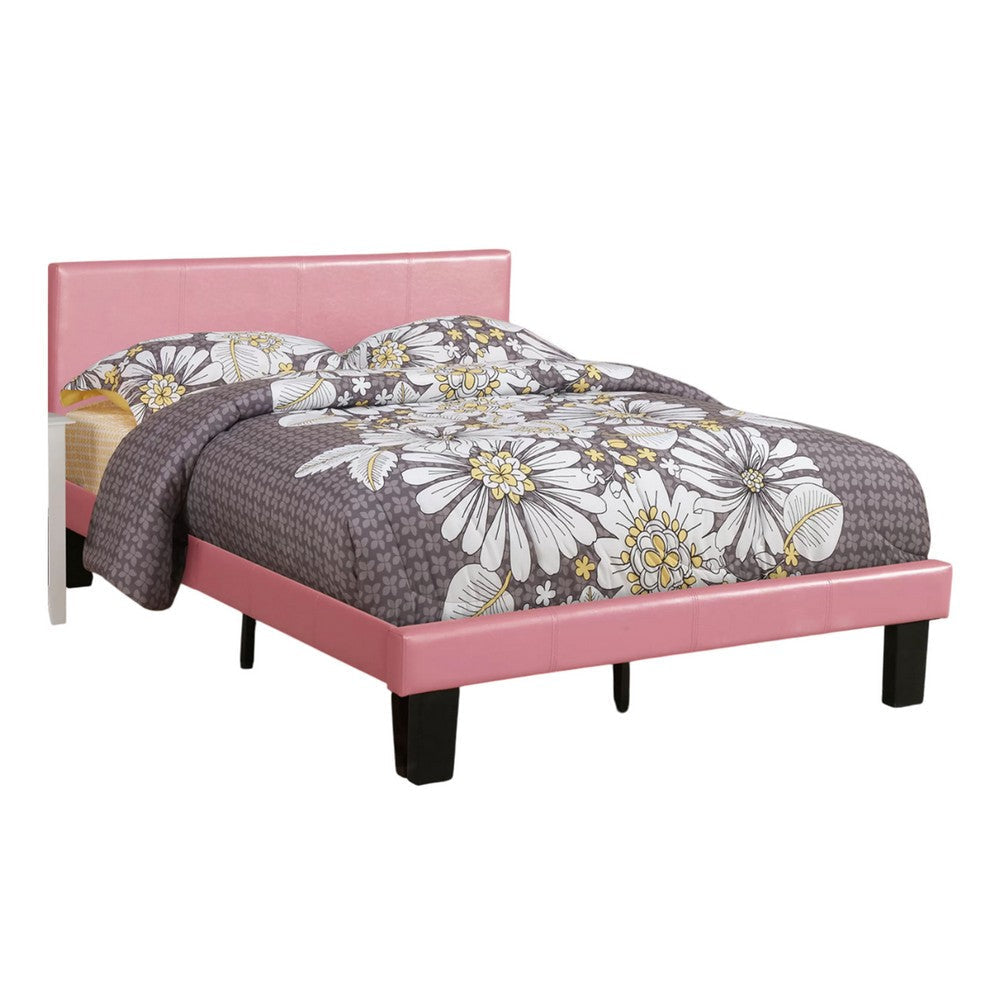 Traditional Wooden Full Bed with Faux Leather Upholstery, Pink