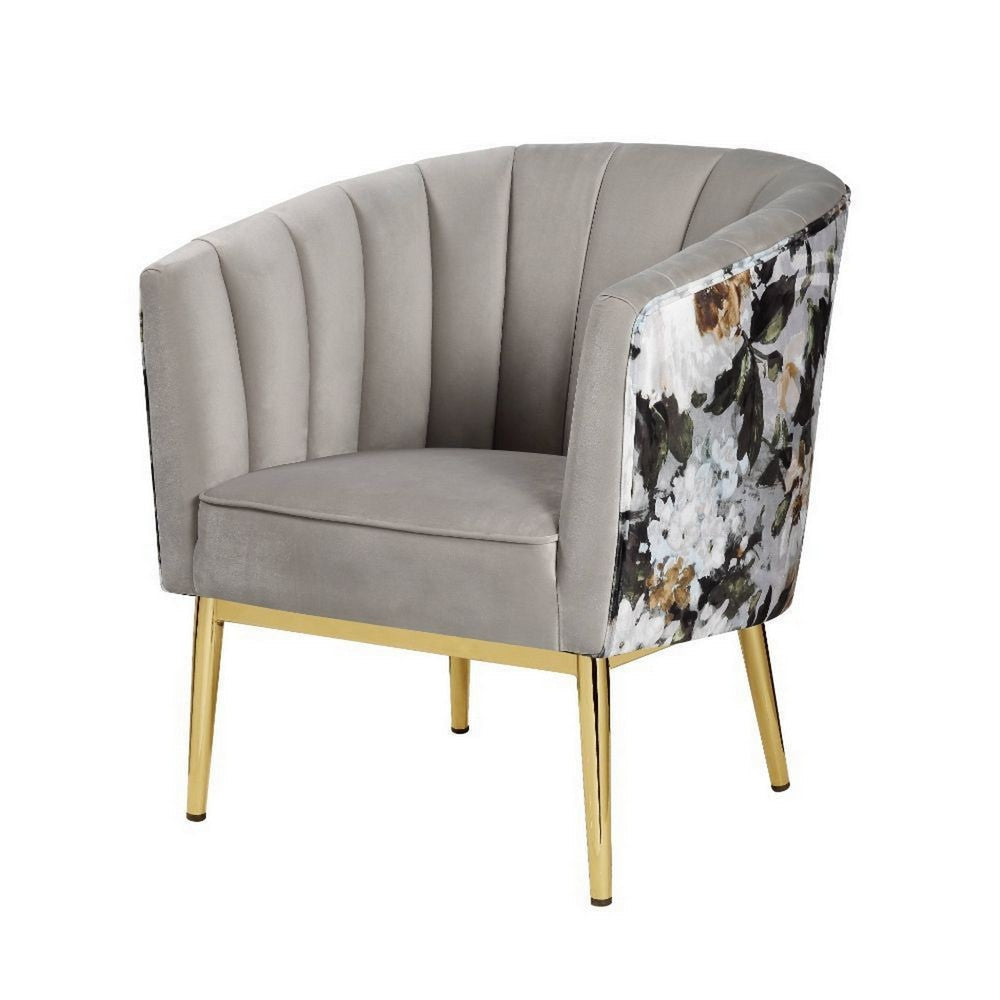 Wooden Accent Chair with Barrel Style Backrest, Gray and Gold By Casagear Home