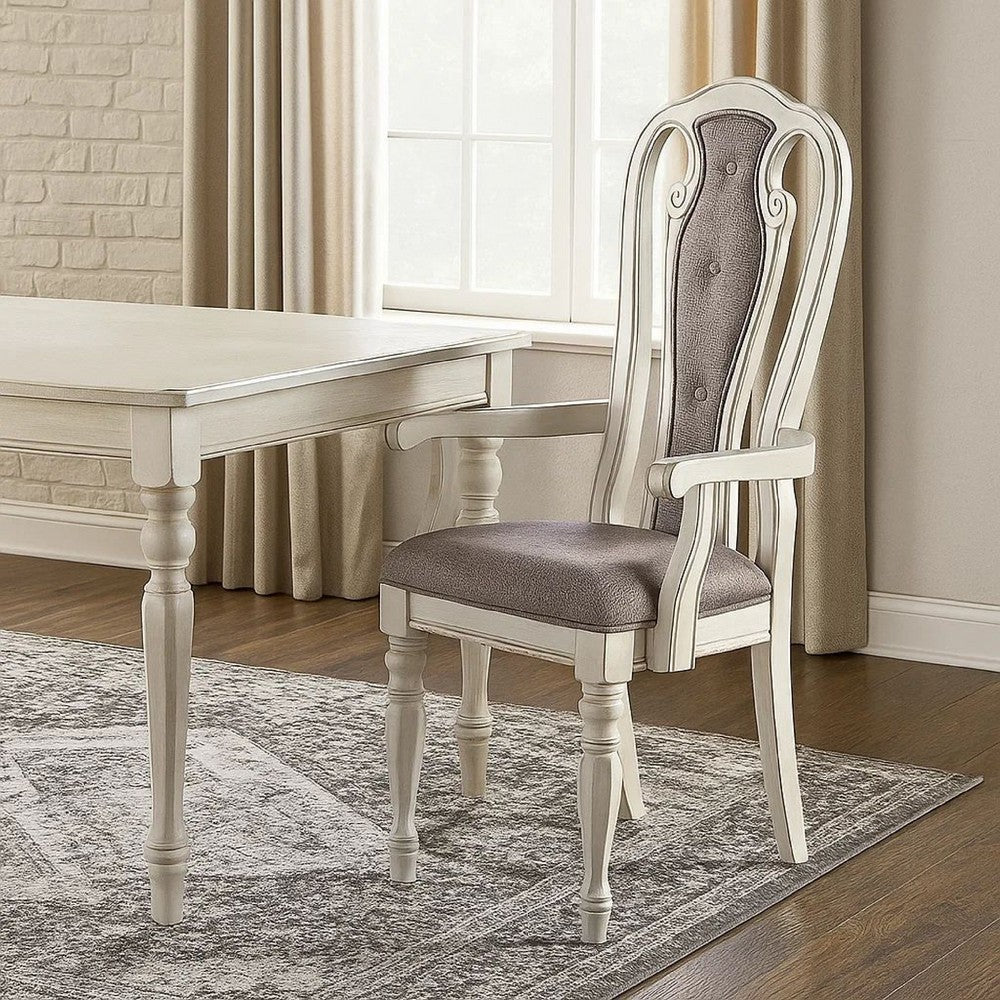 Armchair | Wood | Button Tufted Back | Set of 2 | Cream & Gray