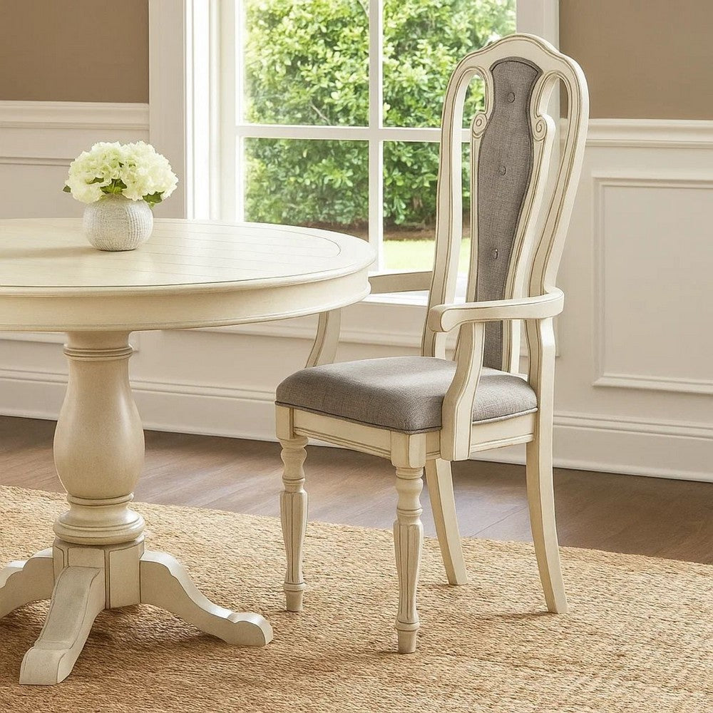 Armchair | Wood | Button Tufted Back | Set of 2 | Cream & Gray