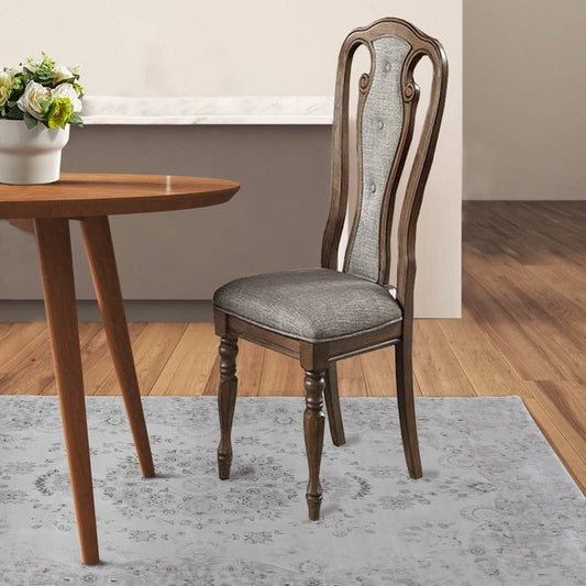 Wooden Dining Chair with Button Tufted Back, Set of 2, Brown and Gray By Casagear Home