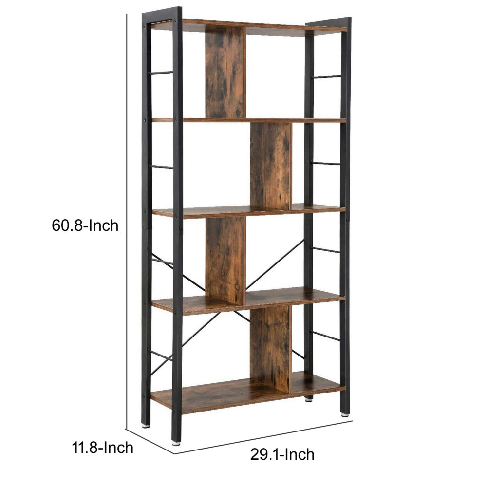 4 Tier Wood and Metal Bookcase with Crossbars, Brown and Black By Casagear Home